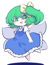 Rule 34 | 1girl, ascot, barefoot, blue dress, blush stickers, chahan (fried rice0614), collared shirt, daiyousei, dress, fairy, fairy wings, full body, green eyes, green hair, highres, one-hour drawing challenge, open mouth, shirt, short hair, short sleeves, side ponytail, simple background, smile, solo, touhou, white background, white shirt, wings, yellow ascot