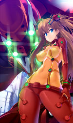 Rule 34 | 00s, 1girl, blue eyes, bodysuit, brown hair, eva 02, evangelion: 2.0 you can (not) advance, hand on thigh, highres, latex, long hair, mecha, multicolored clothes, neon genesis evangelion, plugsuit, potion (moudamepo), rebuild of evangelion, red bodysuit, robot, see-through, see-through bodysuit, shiny clothes, skin tight, smile, souryuu asuka langley, test plugsuit, very long hair, wide hips