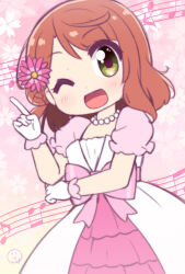 Rule 34 | 1girl, awakening promise (love live!), blush, bow, brown hair, cherry blossom print, commentary, dot nose, dress, floral background, floral print, flower, gloves, green eyes, hair bun, hair flower, hair ornament, hand up, index finger raised, jewelry, looking at viewer, love live!, love live! nijigasaki high school idol club, medium hair, miyako hito, musical note, necklace, nijiyon animation, one eye closed, open mouth, pearl necklace, pink background, pink bow, pink dress, puffy short sleeves, puffy sleeves, short sleeves, signature, single side bun, smile, solo, uehara ayumu, white gloves
