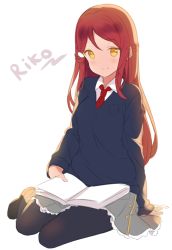 Rule 34 | 1girl, black footwear, black pantyhose, blue sweater, blush, book, character name, closed mouth, collared shirt, commentary, english commentary, full body, hitsukuya, holding, holding book, long hair, long sleeves, love live!, necktie, open book, pantyhose, red hair, red necktie, sakurauchi riko, shirt, shoes, simple background, sitting, sketch, smile, solo, sweater, white background, wing collar, yellow eyes
