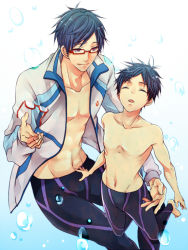 Rule 34 | 10s, 2boys, air bubble, bad id, bad pixiv id, black male swimwear, blue hair, bubble, child, closed eyes, closed mouth, dual persona, unworn eyewear, floating, free!, glasses, groin, holding, holding removed eyewear, jacket, legskin, light smile, looking at another, male focus, male swimwear, multiple boys, navel, nekoshiro, nipples, open clothes, open jacket, open mouth, red-framed eyewear, ryuugazaki rei, smile, swimsuit, time paradox, topless male, underwater