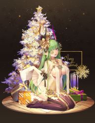 Rule 34 | 1girl, absurdres, ass, black thighhighs, blush, box, breasts, christmas ornaments, christmas tree, cleavage, eyepatch, gift, gift box, green hair, gtcpst, highres, large breasts, long hair, looking at viewer, lower teeth only, merry christmas, original, pointy ears, purple eyes, seiza, sitting, smile, solo, teeth, thighhighs