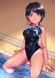 Rule 34 | 1girl, :3, arms at sides, bare arms, bare shoulders, black hair, black one-piece swimsuit, blush, breasts, closed mouth, competition swimsuit, covered navel, gluteal fold, goggles, goggles around neck, unworn headwear, highleg, highleg swimsuit, looking at viewer, medium breasts, mendou saya, on floor, one-piece swimsuit, original, pool, poolside, red eyes, short hair, sitting, skin tight, smile, soaking feet, solo, swept bangs, swimsuit, tan, tanline, tile floor, tiles, tomboy, water