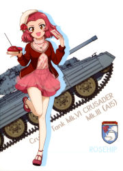 Rule 34 | 1girl, :d, absurdres, box, brown eyes, character name, crusader (tank), girls und panzer, heart-shaped box, highres, holding, holding box, jacket, layered skirt, leg up, long sleeves, looking at viewer, medium hair, military, military vehicle, motor vehicle, open clothes, open jacket, open mouth, pleated skirt, print sweater, red footwear, red hair, red jacket, red skirt, rosehip (girls und panzer), see-through, skirt, smile, solo, standing, standing on one leg, sweater, tank, tongue, tongue out, turtleneck, turtleneck sweater