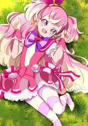 Rule 34 | 1girl, absurdres, blonde hair, bow, bowtie, brooch, commentary, crown, cure wonderful, dress, earrings, from above, grass, heart, heart brooch, highres, inukai komugi, jewelry, leg up, long hair, looking at viewer, lying, magical girl, mini crown, multicolored hair, no shoes, on back, on ground, open mouth, pantyhose, paw pose, petticoat, pink eyes, pink hair, pouch, precure, purple bow, purple bowtie, purple pantyhose, red dress, short dress, smile, solo, striped clothes, striped pantyhose, tilted headwear, toon (noin), two-tone hair, two side up, wonderful precure!, wrist cuffs, yellow pantyhose