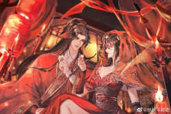 Rule 34 | 1boy, 1girl, bare shoulders, brown hair, candle, chi lian (qin shi ming yue), cup, curtains, drinking glass, from below, guoran han cu yong, hair ornament, hair tie, highres, indoors, lantern, looking at another, open mouth, ponytail, qinshi mingyue, shot glass, sitting, tassel, teeth, third-party source, veil