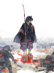 Rule 34 | 1girl, after battle, animal ears, arknights, beads, black hair, black kimono, blood, blood on clothes, bloody knife, bloody weapon, corpse, dog ears, closed eyes, fingerless gloves, geta, gloves, gun, hand up, holding naginata, japanese clothes, kimono, knife, long hair, mcmeao, outdoors, pants, prayer beads, purple pants, saga (arknights), very long hair, weapon