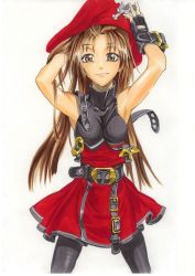 Rule 34 | 1girl, arc system works, armpits, arms behind head, bad id, bad pixiv id, belt, brown eyes, brown hair, buckle, gloves, guilty gear, hat, long hair, may (guilty gear), pantyhose, pirate, pirate hat, red hat, shin k, skull and crossbones, solo, strap, traditional media, undressing