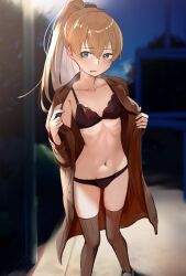 Rule 34 | 1girl, black bra, black panties, blue eyes, blush, bra, breasts, brown coat, brown hair, brown thighhighs, coat, exhibitionism, hair between eyes, highres, kabayaki namazu, kantai collection, kumano (kancolle), long hair, long sleeves, night, open clothes, open coat, outdoors, panties, ponytail, public indecency, ribs, shoes, skinny, small breasts, solo, standing, sweat, thighhighs, underwear