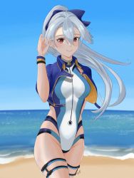 Rule 34 | 1girl, beach, blue bow, blue jacket, blue one-piece swimsuit, blue sky, blush, bow, breasts, competition swimsuit, eipanguino, fate/grand order, fate (series), hair between eyes, hair bow, highleg, highleg swimsuit, highres, jacket, long hair, looking at viewer, medium breasts, multicolored clothes, multicolored swimsuit, ocean, one-piece swimsuit, open clothes, open jacket, outdoors, ponytail, red eyes, short sleeves, signature, silver hair, sky, slit pupils, smile, solo, striped clothes, striped one-piece swimsuit, striped wristband, swimsuit, thigh strap, tomoe gozen (fate), tomoe gozen (swimsuit saber) (fate), white one-piece swimsuit