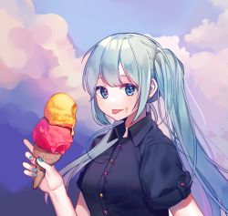 Rule 34 | 1girl, arm up, black shirt, blue eyes, blue hair, blush, buttons, cloud, collar, collared shirt, food, food on face, foog, hair between eyes, hatsune miku, highres, holding, holding food, ice cream, long hair, shirt, short sleeves, sky, smile, solo, summer, teyan, tongue, tongue out, twintails, upper body, very long hair, vocaloid