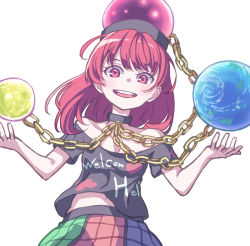 Rule 34 | 1girl, absurdres, black shirt, chain, clothes writing, earth (ornament), eyebrows hidden by hair, hecatia lapislazuli, highres, kame (kamepan44231), looking at viewer, medium hair, moon (ornament), multicolored clothes, multicolored skirt, navel, off-shoulder shirt, off shoulder, one-hour drawing challenge, open mouth, plaid, plaid skirt, red eyes, red hair, shirt, short sleeves, simple background, skirt, smile, solo, standing, t-shirt, touhou, white background