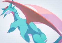 Rule 34 | claws, closed mouth, commentary request, creatures (company), dragon, game freak, gen 3 pokemon, highres, looking back, nintendo, no humans, pokemon, pokemon (creature), saiku (zvlku), salamence, solo, tail, white background, wings
