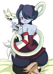 Rule 34 | 1girl, ass, detached sleeves, huge ass, juudai, leviathan (skullgirls), simple background, sitting, sitting on face, sitting on person, skullgirls, squigly (skullgirls), stitched mouth, stitches, zombie