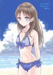 Rule 34 | 1girl, atelier (series), atelier totori, bikini, brown hair, closed mouth, cloud, commission, hondahiro, long hair, looking at viewer, navel, skeb commission, smile, solo, swimsuit, totooria helmold