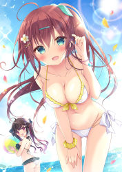 Rule 34 | 2girls, :d, ahoge, aqua eyes, bare shoulders, bikini, breasts, brown hair, cleavage, cowboy shot, day, floating hair, frilled bikini, frills, front-tie bikini top, front-tie top, gluteal fold, groin, hair ornament, hairclip, hand on own thigh, long hair, looking at viewer, medium breasts, multi-strapped bikini, multiple girls, navel, open mouth, original, outdoors, picpicgram, ponytail, scrunchie, smile, stomach, string bikini, sunlight, swimsuit, thighs, very long hair, white bikini, wrist scrunchie, x hair ornament