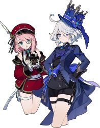 Rule 34 | 2girls, ascot, asymmetrical gloves, blue ascot, blue brooch, blue gemstone, blue hair, blue headwear, blue jacket, camera, charlotte (genshin impact), commentary request, detached sleeves, flat color, furina (genshin impact), gem, genshin impact, gloves, hat, hat feather, heterochromia, highres, holding, holding camera, jacket, light blue hair, merry-san, mismatched gloves, mismatched pupils, monocle, multiple girls, pink hair, puffy detached sleeves, puffy sleeves, red headwear, top hat, white background, white gloves, white trim bow