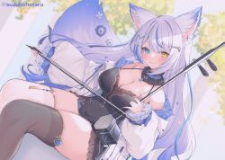 Rule 34 | 1girl, animal ears, asymmetrical legwear, bare shoulders, black bra, black dress, black thighhighs, blue hair, bra, breasts, cleavage, copyright request, detached sleeves, dress, fake animal ears, hair spread out, holding, holding instrument, instrument, large breasts, light blue hair, long hair, long sleeves, mismatched legwear, mismatched pupils, outdoors, puffy sleeves, shiny skin, skin tight, smile, solo, suzuho hotaru, thighhighs, thighs, tree, underwear, very long hair, white hair, white thighhighs, zettai ryouiki