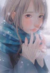 Rule 34 | 1girl, blue scarf, blush, brown eyes, brown hair, cold, enpera, fingernails, hands up, highres, lipstick, long sleeves, looking at viewer, makeup, nail polish, original, parted lips, pink lips, pink nails, scarf, snowing, solo, tsunko (9v2 q)