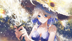 Rule 34 | 1girl, absurdres, bare shoulders, blue eyes, blue hair, breasts, cleavage, furina (genshin impact), genshin impact, hat, highres, light blue hair, long hair, looking at viewer, medium breasts, smile, solo, sun hat, swkl:d
