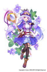 Rule 34 | 1girl, :d, asymmetrical legwear, black thighhighs, bow, braid, brown footwear, capelet, compass, dagger, deerstalker, flower, flower knight girl, full body, hat, hat bow, highres, holding, knife, long hair, looking at viewer, magnifying glass, mg kurino, name connection, object namesake, official art, open mouth, oversized object, plaid, plaid skirt, purple capelet, purple eyes, purple hat, shoes, silver hair, single thighhigh, skirt, smile, solo, standing, standing on one leg, streptocarpus (flower knight girl), thighhighs, twintails, uneven legwear, weapon, white background