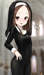 Rule 34 | 1girl, :d, absurdres, black dress, blurry, blurry background, blush, breasts, brown eyes, brown hair, covered navel, cross, depth of field, dress, forehead, groin, habit, hand on own hip, highres, indoors, karakai jouzu no takagi-san, latin cross, long hair, long sleeves, looking at viewer, motion lines, note2000, nun, open mouth, parted bangs, small breasts, smile, solo, takagi-san