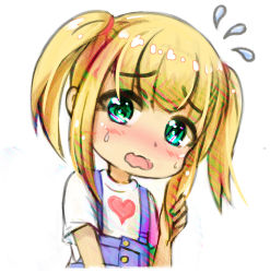 Rule 34 | 1girl, blonde hair, blush, child, flying sweatdrops, green eyes, head tilt, heart, highres, holding, holding hair, long hair, open mouth, original, overalls, print shirt, shirt, shou zong, solo, twintails, upper body, wavy mouth, white shirt