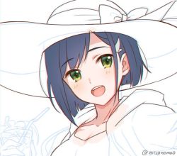 Rule 34 | 1girl, artist name, blue hair, breasts, cup, darling in the franxx, drinking glass, drinking straw, green eyes, hair ornament, hairclip, hat, hood, hoodie, ichigo (darling in the franxx), mizu no, open mouth, short hair, small breasts, smile, solo