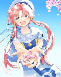 Rule 34 | 1girl, absurdres, aria (manga), aria company uniform, blue bow, blue bowtie, blue sky, blush, bow, bowtie, cherry blossoms, collarbone, dress, flower, green eyes, hat, highres, holding, holding flower, kiri meee, looking at viewer, mizunashi akari, petals, pink hair, short sleeves, sky, smile, twintails, white dress, yellow gemstone