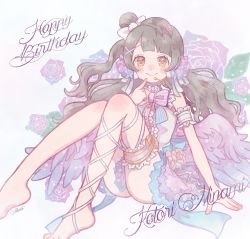Rule 34 | 1girl, angel wings, barefoot, blunt bangs, blush, bow, character name, dress, english text, female focus, flower, grey hair, hair flower, hair ornament, hand on own chin, happy birthday, legband, looking at viewer, love live!, love live! school idol festival, mikuni (open-ranka), minami kotori, one side up, rose, simple background, sleeveless, sleeveless dress, smile, solo, thighhighs, white background, wings, yellow eyes, zettai ryouiki