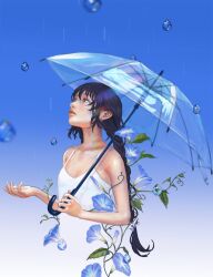 Rule 34 | 1girl, bare shoulders, black hair, blue background, blue eyes, blue flower, braid, braided ponytail, breasts, cleavage, collarbone, commentary, commentary request, day, dress, english commentary, flower, gradient background, hair between eyes, highres, holding, holding umbrella, lal!role, looking up, mixed-language commentary, original, outstretched hand, parted bangs, parted lips, rain, see-through, sidelocks, sleeveless, sleeveless dress, small breasts, solo, transparent, transparent umbrella, umbrella, water drop, white background, white dress