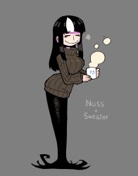 Rule 34 | 1girl, absurdres, alternate costume, black dress, black hair, brown sweater, character name, closed mouth, cup, dress, closed eyes, facing viewer, full body, grey background, highres, holding, holding cup, long dress, long hair, long sleeves, mug, multicolored hair, noss (rariatto), original, rariatto (ganguri), ribbed sweater, simple background, smile, solo, standing, steam, streaked hair, sweater, wavy mouth, white hair