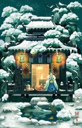 Rule 34 | 1girl, architecture, blue robe, chinese clothes, coat, cup, dragon, east asian architecture, eastern dragon, facing viewer, flower, food, fruit, fur-trimmed coat, fur trim, garden, hair flower, hair ornament, hair rings, hanfu, highres, holding, holding cup, jizou, kettle, lantern, lattice, long sleeves, magic iris, nature, night, night sky, octopus, on floor, open door, original, outdoors, partially submerged, pond, railing, reflection, reflective water, robe, sash, scenery, sitting, sky, snow, statue, steam, stove, veranda, w arms, water, white coat, wide sleeves, winter, wooden floor