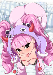Rule 34 | 1girl, absurdres, all fours, artist name, black eyes, blush, breasts, commentary, elpipe 3000, english commentary, fake horns, highres, horned headwear, horns, large breasts, long hair, looking at viewer, one piece, pajamas, patreon username, perona, pink hair, pink pajamas, saliva, solo, sparkle, tongue, tongue out, twintails