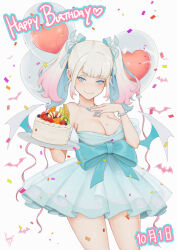 1girl balloon birthday_cake blush bow breasts cake cleavage closed_mouth cowboy_shot dated dress dress_bow food fruit gradient_hair hand_on_own_chest happy_birthday heart_pendant highres holding holding_cake holding_food holding_tray kumanz medium_breasts medium_hair mini_wings mole mole_on_breast mole_under_eye multicolored_hair namu_kuzan_(kumanz) original pink_hair short_dress smile solo strapless strapless_dress tray twintails white_hair wings