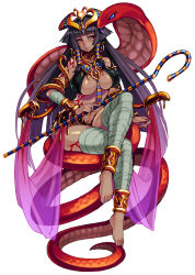 Rule 34 | 1girl, anklet, bandages, bare shoulders, barefoot, blush, body markings, breasts, cleavage, cracked skin, crossed legs, crown, dark-skinned female, dark skin, egyptian, feet, full body, gold, hair tubes, jewelry, kenkou cross, large breasts, long hair, looking at viewer, lots of jewelry, monster girl, monster girl encyclopedia, monster girl encyclopedia ii, mummy, nail polish, navel, necktie, official art, parted lips, pharaoh, pharaoh (monster girl encyclopedia), purple hair, red eyes, see-through, simple background, sitting, snake, solo, staff, thighhighs, thighs, toes, undead, white background