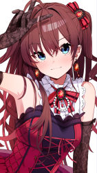 Rule 34 | 1girl, absurdres, ahoge, black gloves, blush, brooch, cross-laced clothes, dress, earrings, elbow gloves, gloves, highres, ichinose shiki, idol, idolmaster, idolmaster cinderella girls, jewelry, light smile, looking at viewer, morumoru x, purple hair, red dress, simple background, sleeveless, sleeveless dress, solo, two side up, upper body, v, white background