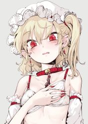 Rule 34 | 1girl, blonde hair, blush, bra, chain, collar, cross, cross earrings, detached sleeves, earrings, fang, fingernails, flandre scarlet, geppewi, hat, highres, jewelry, looking at viewer, mob cap, nail polish, pointy ears, red collar, red eyes, red nails, sharp fingernails, simple background, solo, touhou, underwear, upper body, white bra