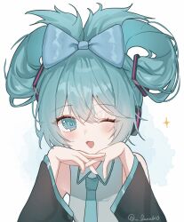 Rule 34 | 1girl, aqua eyes, aqua hair, aqua necktie, bare shoulders, black sleeves, blue bow, blush, bow, cinnamiku, collared shirt, detached sleeves, folded twintails, grey shirt, hair between eyes, hair bow, hair ornament, hair rings, hatsune miku, head rest, highres, long hair, long sleeves, looking at viewer, luna (luna610), necktie, one eye closed, open mouth, shirt, simple background, sleeveless, sleeveless shirt, solo, sparkle, twintails, upper body, vocaloid, white background