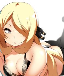 Rule 34 | 1girl, :&lt;, bare shoulders, black bra, black panties, black thighhighs, blonde hair, bra, breasts, cleavage, closed mouth, collarbone, creatures (company), cynthia (pokemon), expressionless, floral print, game freak, grey eyes, hair ornament, hair over one eye, legs up, long hair, lying, medium breasts, mituyota 76, nintendo, on stomach, panties, pokemon, pokemon dppt, print bra, simple background, solo, thighhighs, underwear, white background