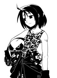 Rule 34 | 1girl, ahoge, bare shoulders, belt, breasts, camouflage, camouflage tank top, capcom, closed mouth, clothes around waist, collarbone, gloves, greyscale, helmet, jacket, jacket around waist, justice gakuen, kazama akira, monochrome, muu (mumumer), short hair, simple background, small breasts, solo, street fighter, tank top, white background
