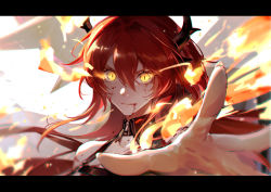 Rule 34 | 1girl, arknights, bare shoulders, chinese commentary, commentary request, demon girl, detached collar, hair between eyes, highres, horns, letterboxed, long hair, looking at viewer, niarwol, parted lips, red hair, solo, surtr (arknights), upper body, yellow eyes