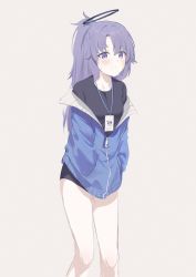 Rule 34 | 1girl, absurdres, alternate costume, alternate hairstyle, black shirt, blue archive, blue jacket, blush, halo, hands in pockets, highres, id card, jacket, lanyard, open clothes, open jacket, ponytail, purple eyes, purple hair, shirt, simple background, solo, sweat, track jacket, yuuka (blue archive), yuuka (track) (blue archive), zapik