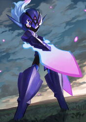 absurdres arm_blade armor ceruledge creatures_(company) eye_trail fiery_hair fire full_body game_freak grass highres jira_(ziraiya26) light_trail nintendo outdoors pokemon pokemon_(creature) purple_armor purple_eyes purple_fire purple_hair solo standing sword weapon