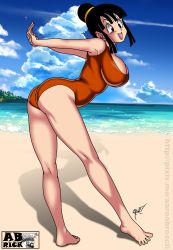 Rule 34 | 1girl, :d, aaron broscli, arms behind back, ass, beach, bent over, black eyes, black hair, blue sky, blunt bangs, breasts, chi-chi (dragon ball), cleavage, cloud, dragonball z, female focus, full body, hair bun, highres, large breasts, one-piece swimsuit, open mouth, orange one-piece swimsuit, outdoors, sand, sidelocks, single hair bun, sky, smile, solo, standing, swimsuit, water