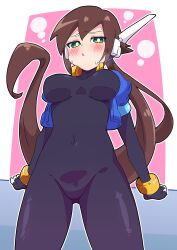 Rule 34 | 1girl, absurdres, aile (mega man zx), black bodysuit, blue jacket, blush, bodysuit, breasts, brown hair, buzzlyears, cropped jacket, green eyes, highres, jacket, large breasts, long hair, looking at viewer, looking down, mega man (series), mega man zx, mega man zx advent, navel, open clothes, open jacket, ponytail, robot ears, simple background, solo