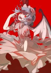 Rule 34 | 1girl, bat wings, blood, blood on face, blood on hands, blue hair, dress, fangs, fingernails, hand up, hat, hat ribbon, highres, kerok (joniko1110), long fingernails, medium hair, mob cap, one-hour drawing challenge, open mouth, pink dress, pink hat, pointy ears, red background, red eyes, red ribbon, remilia scarlet, ribbon, short sleeves, simple background, smile, solo, touhou, wings