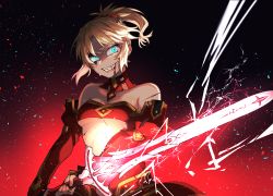 Rule 34 | 1girl, bare shoulders, blonde hair, blood, braid, breasts, clarent (fate), cutoffs, cuts, fate/apocrypha, fate/grand order, fate (series), green eyes, hair ornament, hair scrunchie, injury, lightning, mordred (fate), mordred (fate/apocrypha), navel, ponytail, red scrunchie, saigokukun, scrape, scratches, scrunchie, small breasts, smile, solo, sword, weapon