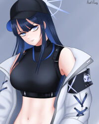Rule 34 | 1girl, absurdres, baek rang, bare shoulders, baseball cap, black hat, black shirt, blue archive, blue eyes, blue hair, blunt bangs, breasts, coat, commentary request, crop top, grey background, hat, head tilt, highres, large breasts, long hair, long sleeves, looking at viewer, midriff, navel, off shoulder, open clothes, open coat, saori (blue archive), shirt, simple background, sleeveless, sleeveless shirt, solo, stomach, upper body, white coat