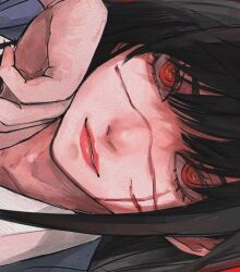 1girl 22enose22 black_hair chainsaw_man cross_scar eyelashes long_hair parted_lips pink_lips red_background red_eyes ringed_eyes scar scar_on_face sideways simple_background smile solo yoru_(chainsaw_man)